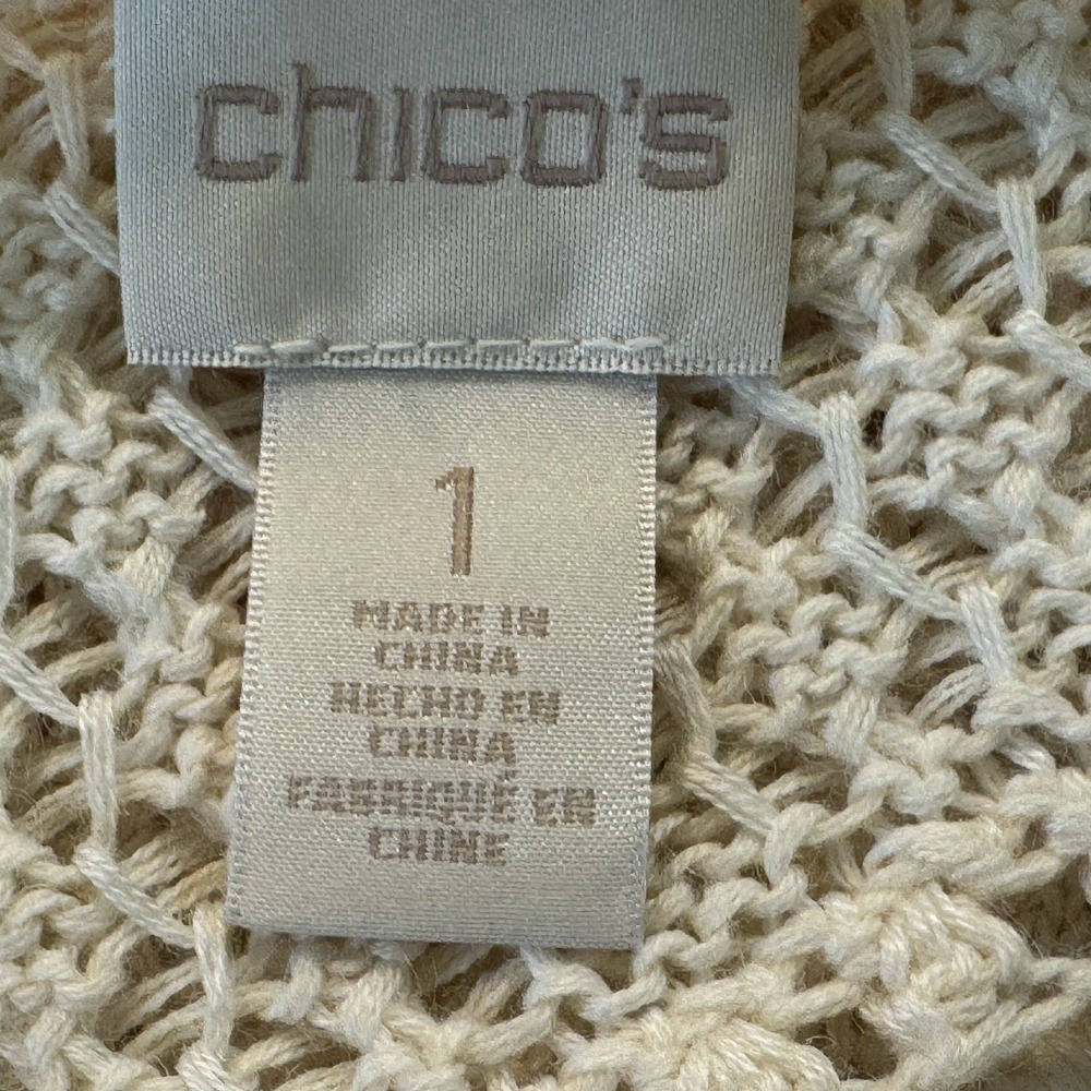 Chico's Open Knit Sweater Womens Size 1 Off White 3/4 Sleeve Round Neck Pullover - Picture 6 of 8